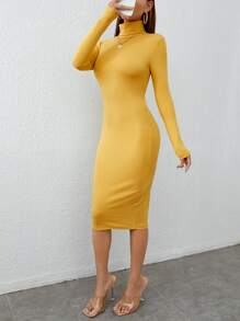 SHEIN PETITE Solid Turtleneck Bodycon Dress - Yellow - View 1