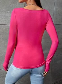 SHEIN EZwear 素色方領緊身T恤 - 玫紅色 - 查看 2