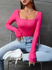 SHEIN EZwear 素色方領緊身T恤 - 玫紅色 - 查看 3