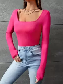 SHEIN EZwear 素色方領緊身T恤 - 玫紅色 - 查看 5