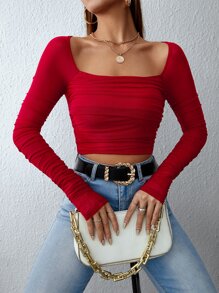 SHEIN Privé Top de cuello cuadrado fruncido de malla - Rosa Roja - Ver 3