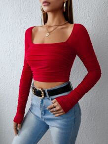 SHEIN Privé Top de cuello cuadrado fruncido de malla - Rosa Roja - Ver 5