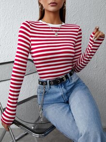 SHEIN EZwear 條紋印花修身T恤 - 紅白色 - 查看 3