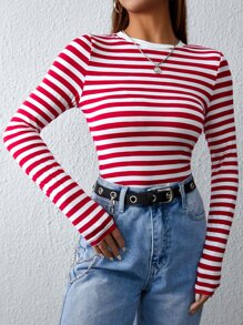 SHEIN EZwear 條紋印花修身T恤 - 紅白色 - 查看 5