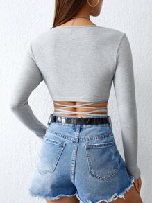 SHEIN PETITE Áo nữ Hội Chữ thập Thắt nơ trước màu trơn Gợi cảm - Màu Xám nhạt - Xem 2