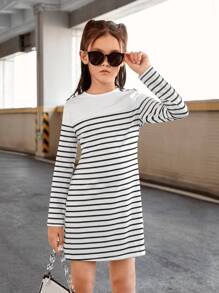 SHEIN Tween Girl Casual Round Neck Striped Long Sleeve Dress - Black and White - View 1