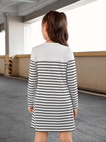 SHEIN Tween Girl Casual Round Neck Striped Long Sleeve Dress - Black and White - View 2