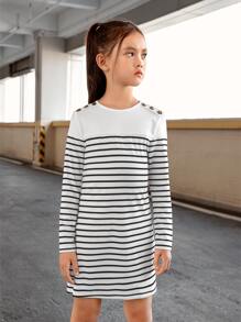 SHEIN Tween Girl Casual Round Neck Striped Long Sleeve Dress - Black and White - View 3