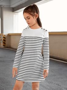 SHEIN Tween Girl Casual Round Neck Striped Long Sleeve Dress - Black and White - View 5