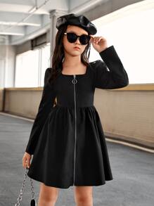 SHEIN 女孩泡泡袖拉鏈開襟洋裝