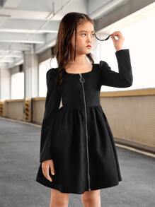 SHEIN 女孩泡泡袖拉鏈開襟洋裝
