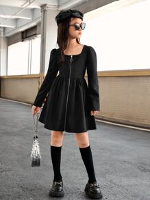 SHEIN 女孩泡泡袖拉鏈開襟洋裝