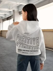 SHEIN Áo nỉ giữ nhiệt tay trễ vai in hình khẩu hiệu dành cho bé gái tuổi teen - trắng - Xem 1