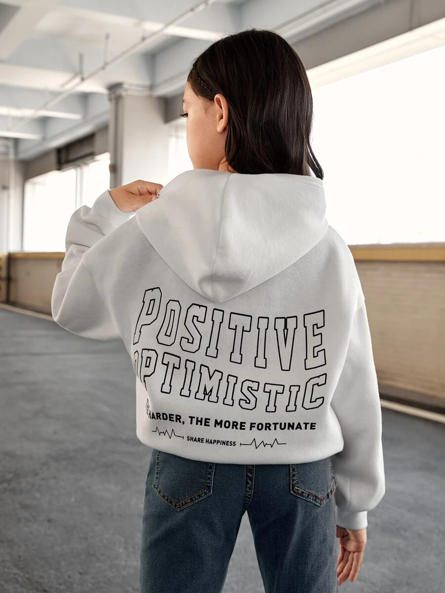 SHEIN Áo nỉ giữ nhiệt tay trễ vai in hình khẩu hiệu dành cho bé gái tuổi teen - trắng - Xem 1