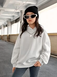 SHEIN Áo nỉ giữ nhiệt tay trễ vai in hình khẩu hiệu dành cho bé gái tuổi teen - trắng - Xem 2