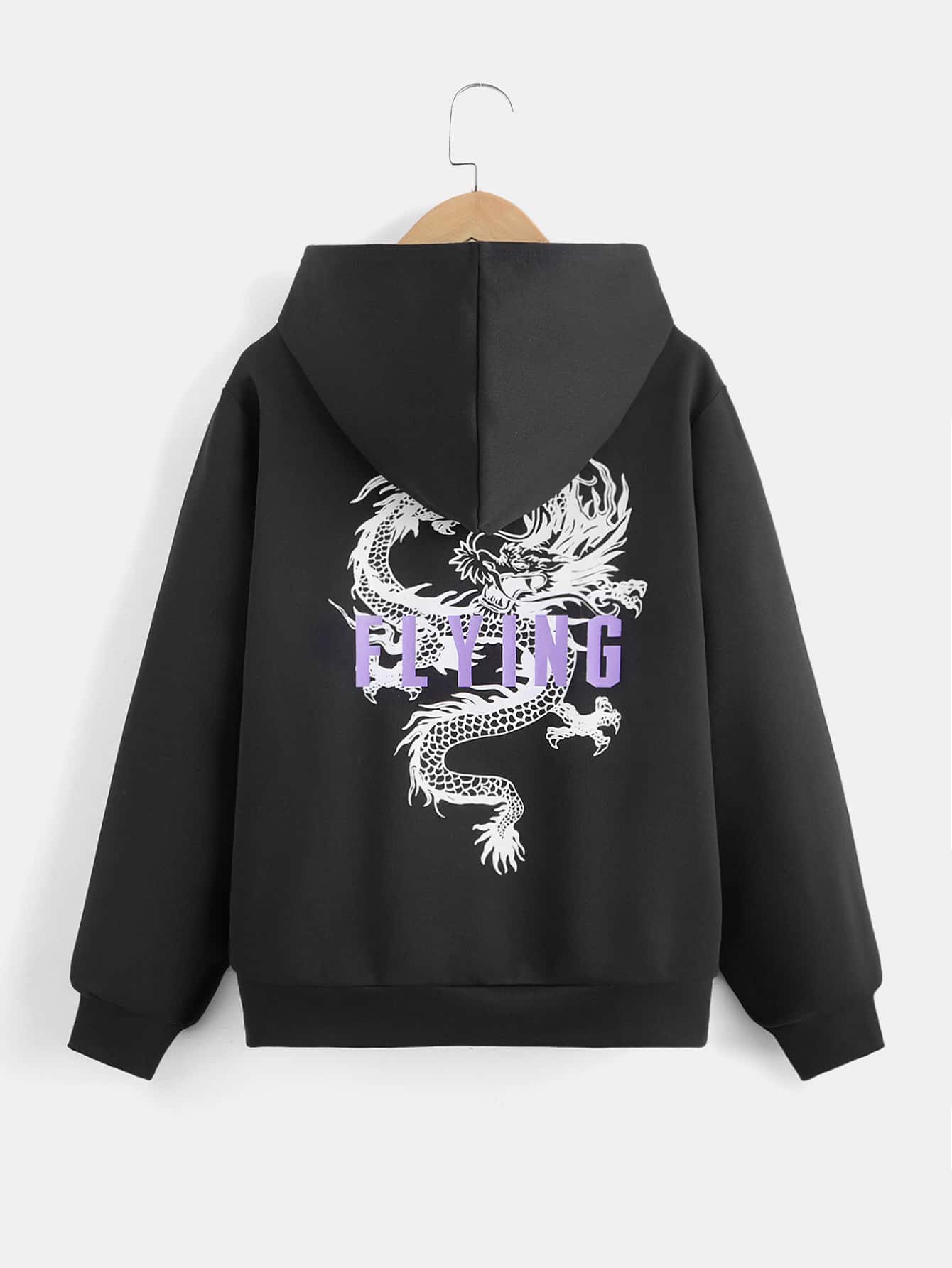 SHEIN 青少年男孩龍和字母圖形下肩連帽衫