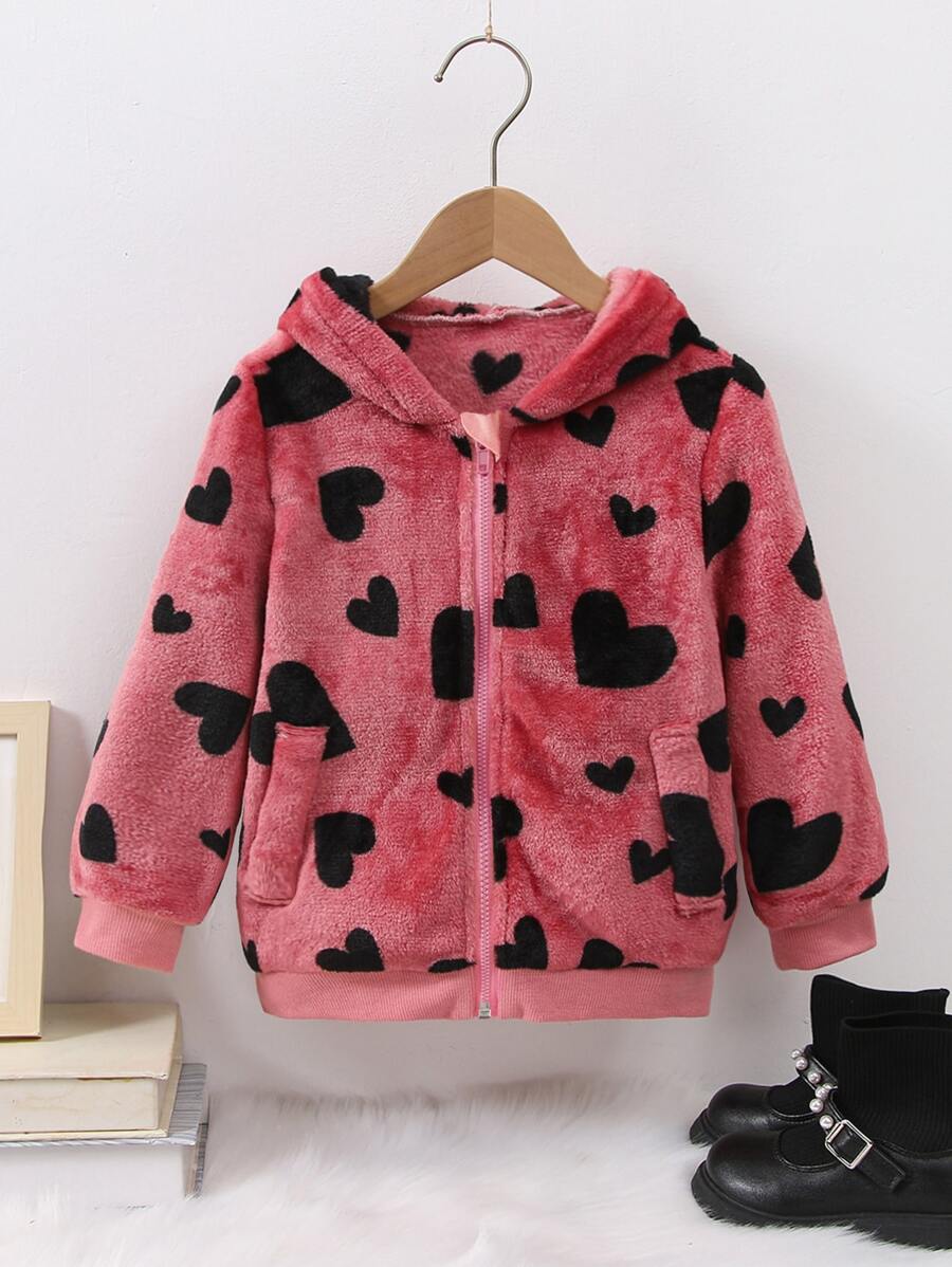 SHEIN Toddler Girls Heart Pattern Hooded Flannel Jacket - Pink - View 1