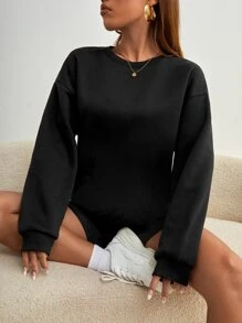 SHEIN EZwear Pullover con diamante de imitación corazón recortado de hombros caídos - Negro - Ver 5