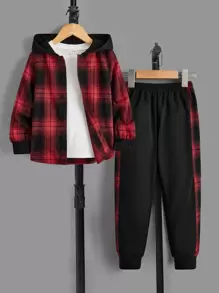 SHEIN 小男童格紋印花連帽襯衫和T恤和運動褲