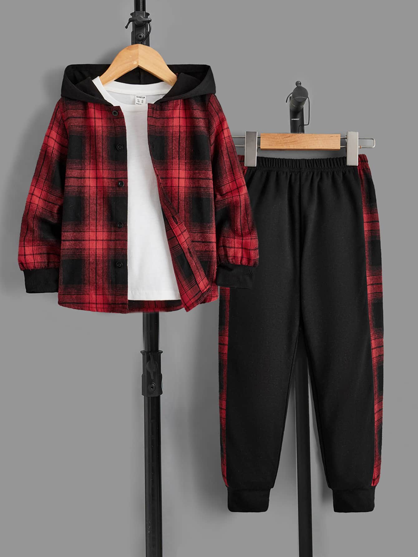 SHEIN 小男童格紋印花連帽襯衫和T恤和運動褲