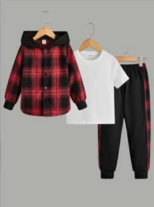 SHEIN 小男童格紋印花連帽襯衫和T恤和運動褲