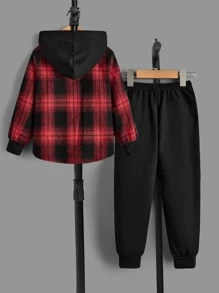 SHEIN 小男童格紋印花連帽襯衫和T恤和運動褲