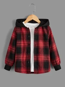 SHEIN 小男童格紋印花連帽襯衫和T恤和運動褲