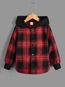 SHEIN 小男童格紋印花連帽襯衫和T恤和運動褲