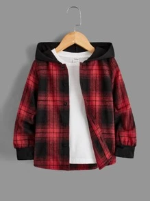 SHEIN 小男童格紋印花連帽襯衫和T恤和運動褲