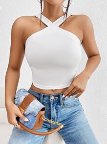 SHEIN Clasi 女士夏季修身純色露腰上衣，多功能，適合度假穿著 - 白色 - 查看 3