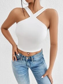 SHEIN Clasi 女士夏季修身純色露腰上衣，多功能，適合度假穿著 - 白色 - 查看 4