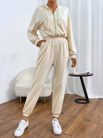 Solid Zip Up Drawstring Hooded Jumpsuit