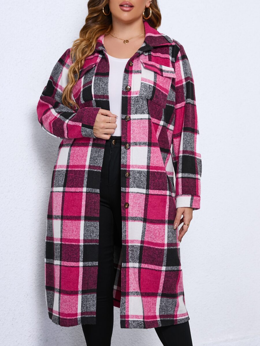 SHEIN LUNE Plus Flap Pocket Plaid Coat - Hot Pink - View 1
