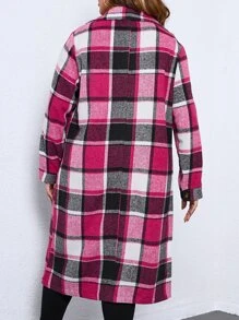 SHEIN LUNE Plus Flap Pocket Plaid Coat - Hot Pink - View 2
