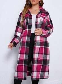 SHEIN LUNE Plus Flap Pocket Plaid Coat - Hot Pink - View 3