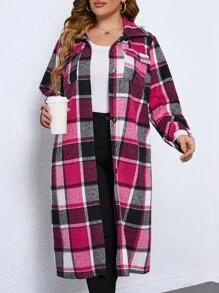 SHEIN LUNE Plus Flap Pocket Plaid Coat - Hot Pink - View 4