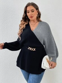 SHEIN Privé Plus Two Tone Chain Front Batwing Sleeve Jumper - Multicolor - View 4