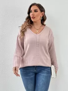 SHEIN LUNE 大碼網眼針織落肩袖套頭毛衣 - 藕粉色 - 查看 3