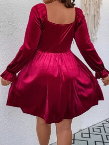 SHEIN Clasi Plus Pearls Beaded Flounce Sleeve Velvet Dress - Rose Red - View 3
