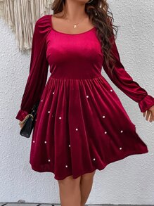 SHEIN Clasi Plus Pearls Beaded Flounce Sleeve Velvet Dress - Rose Red - View 5