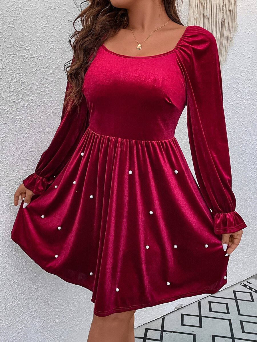SHEIN Clasi Plus Pearls Beaded Flounce Sleeve Velvet Dress - Rose Red - View 1