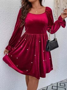 SHEIN Clasi Plus Pearls Beaded Flounce Sleeve Velvet Dress - Rose Red - View 6