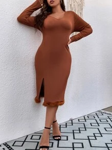Plus Fuzzy Trim Split Thigh Dress - Rust Brown - View 6