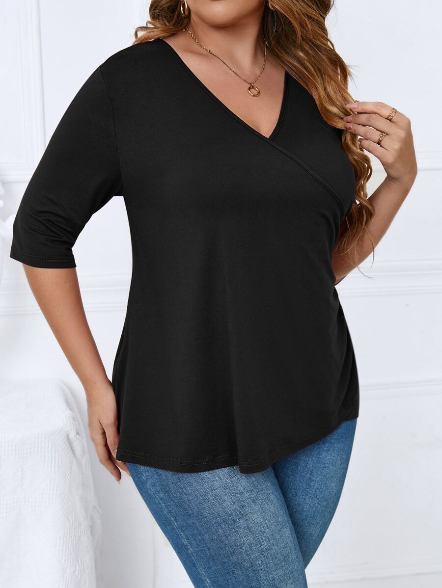 Calvaya Plus Solid V Neck Tee - Black - View 1