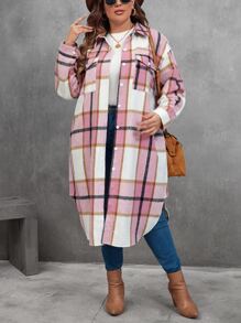 SHEIN LUNE Plus Plaid Print Drop Shoulder Flap Pocket Overcoat - Pink - View 3