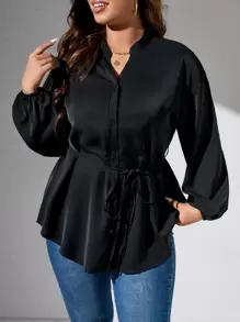 Celure Plus Notched Neckline Lantern Sleeve Belted Blouse - Black - View 1