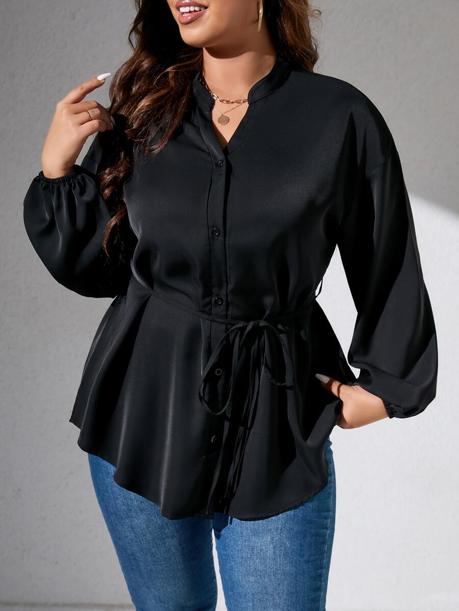 Celure Plus Notched Neckline Lantern Sleeve Belted Blouse - Black - View 1