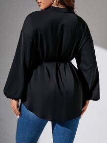 Celure Plus Notched Neckline Lantern Sleeve Belted Blouse - Black - View 2