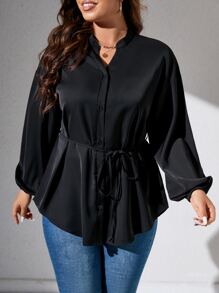 Celure Plus Notched Neckline Lantern Sleeve Belted Blouse - Black - View 4