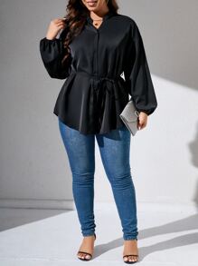 Celure Plus Notched Neckline Lantern Sleeve Belted Blouse - Black - View 6